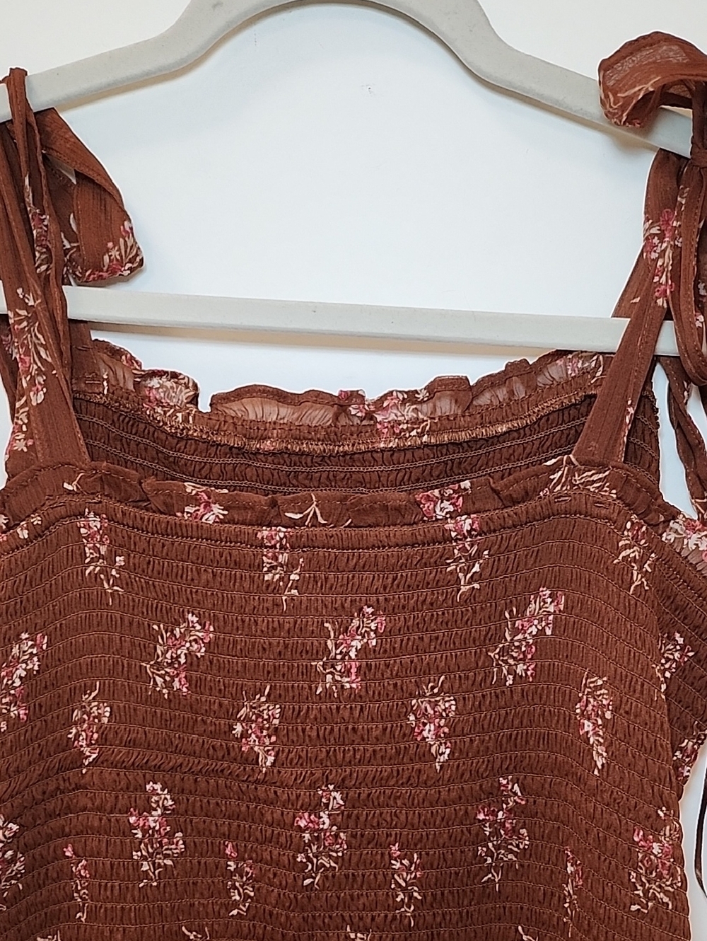 Abercrombie&Fitch Tie-Strap Smocked Mid Dress Chocolate brown floral print Sz XL - Picture 13 of 16